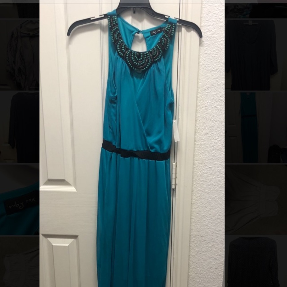 Teal full length dress with black accents
